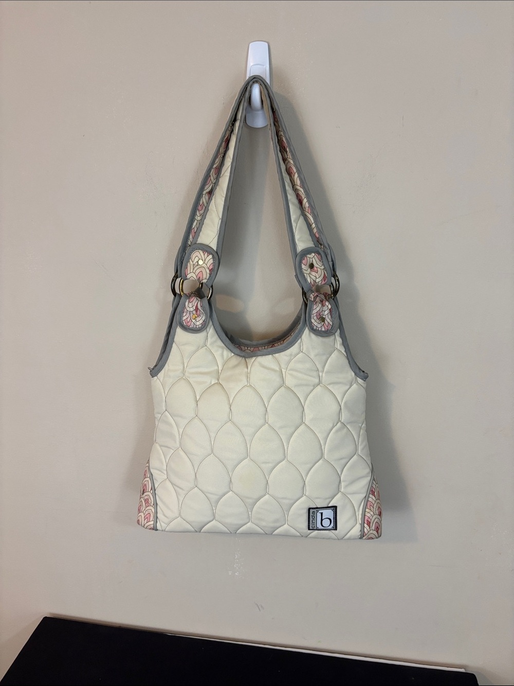 Cinda B Cream Quilted Nylon Hobo Shoulder Bag Made in USA